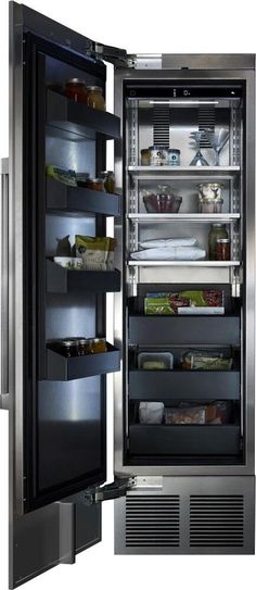 an open stainless steel refrigerator with its doors wide open