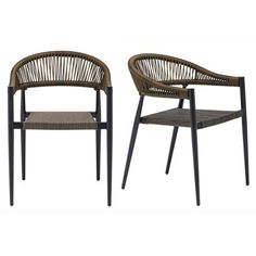 two rattan chairs with black legs, one in grey and the other in brown