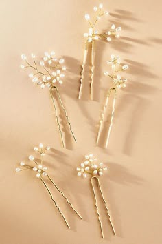 The Twigs & Honey Baby's Breath Freshwater Pearl Hair Pins beautifully combine the delicate charm of baby's breath with the elegance of freshwater pearls. | Baby's Breath Freshwater Pearl Hair Pins, Set of 5 by Twigs & Honey in Gold, Women's, Gold/Plated Brass/Freshwater Pearl at Anthropologie Christmas List Gift Ideas, Blue Hair Pins, Pearl Bridal Comb, Bridesmaid Look, Gold Bridal Hair Comb, Bridesmaid Hair Pins, Dress And Accessories, Bridesmaid Hair Accessories, Bridal Hair Clip