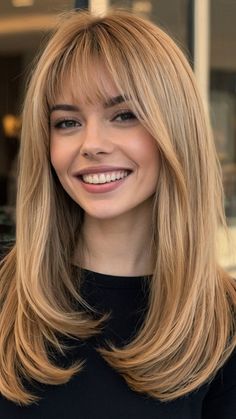 Discover the latest thin hair haircuts ideas for women in 2024, including short, fine, and very styles. Get inspired with bangs, layers, medium straight cuts, and trendy styles for toddler boys with long, wavy hair. Medium Length Haircut For Thinning Hair With Bangs, Bangs On Flat Hair, Fringe And Face Framing Layers, Blond Side Bangs, Straight Across Bangs Medium Hair, Haircut Medium Hair Layers, Straight Across Bangs With Face Framing, Haircut For Bangs, Cute Haircuts Straight Hair