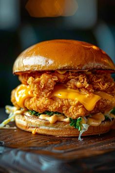 a fried chicken sandwich with cheese and lettuce