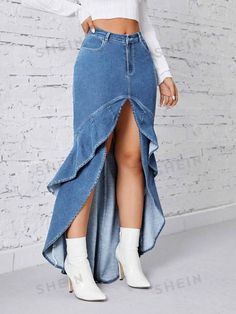 Female Costume, Bow Jeans, Interesting Fashion, Clothes Making, Skirts Long, Midi Denim, Moda Jeans, Arm Sleeves, Denim Skirt Women