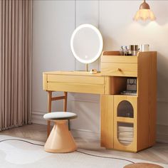 a wooden desk with a mirror and stool