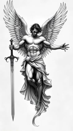 Angel Tattoo Men Leg, Angel Leg Tattoo Men, Angelic Design, Angel Tattoos Men, Male Angel Tattoo, Arc Angel Tattoo, Azrael Tattoo, Guardian Angel Tattoo Designs For Men, Eye With Cross Tattoo