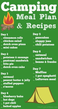 the camping meal plan and recipe is shown on a green background with an image of a tent