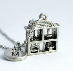 "❖ Doll's House Charm in Antique Silver Pewter. Approx: 1/2 X 5/8\" Lead free pewter charm made in U.S.A. ❖ Hand Stamped Initial Charm - Antique Silver Pewter 3/8\" (9mm) ❖ Add a birthstone or Freshwater pearl for $3.50 https://www.etsy.com/listing/110444872 ❖ Additional Hand Stamped Initial Charms $4.50 each: https://www.etsy.com/listing/107021419 ❖ Go back to Short and Bald Jewelry http://www.etsy.com/shop/ShortandBaldJewelry ❖ Your purchase will arrive attractively packaged and ready to give. 22nd Birthday Gift Ideas, House Necklace, Silver Monogram, Necklace Initial, Locket Charms, Necklace Pendants, Miniature House, Initial Charm, Dream Jewelry