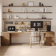 a home office with two desks and shelves on the wall