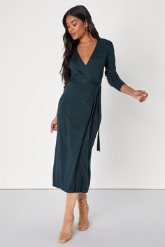 Emerald Green Sweater Dress - Midi Wrap Dress - Long Sleeve Dress - Lulus Red Velvet Wrap Dress, Mid Size Romantic Style, Sweater Dress For Wedding Guest, Soft Classic True Winter, Work Wrap Dress, Midi Dress For Work, 3/4 Sleeve Dress, Winter Wrap Dress, Business Professional Dresses For Women