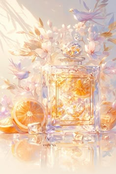 an artistic painting of oranges and flowers with a perfume bottle in the foreground