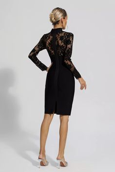 Elegant High-neck Lace Dresses, High Neck Evening Dress With Lace Trim, Elegant Backless Dress With Lace Closure, Elegant Fitted Bodycon Dress With Lace Patchwork, Fitted Lace Bodycon Dress For Cocktail, Cocktail Lace Fitted Bodycon Dress, Elegant Bodycon Lace Dress For Party, High Neck Lace Dress For Party, Elegant High Neck Lace Dress With Lace Trim