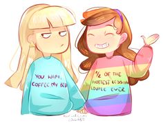 two girls with different colored shirts and one has a message on it that says, you wi