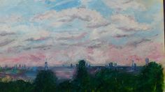 an oil painting of a cityscape with trees and clouds