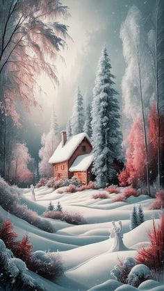 a painting of a cabin in the woods with snow on the ground and trees around it