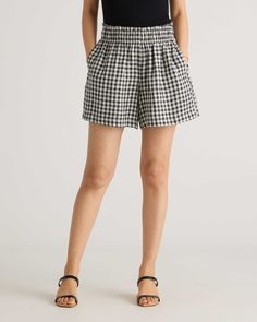 100% European Linen High Waisted Short Casual Gingham Relaxed Fit Bottoms, Chic Plaid Short-length Bottoms, Casual Gingham Bottoms With Relaxed Fit, Chic Plaid Short Bottoms, Cotton Bottoms For Picnic In Short Length, Cotton Bottoms For Picnic, Short Length, Plaid Short Summer Bottoms, Summer Plaid Short Length Bottoms, Plaid Short Length Summer Bottoms