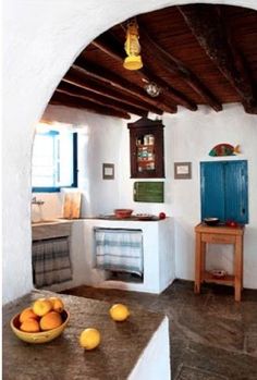 Stone Kitchen Cabinets, Greece Kitchen, Greek Island House, Greek Kitchen, Italian Farmhouse