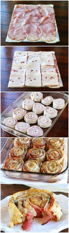 the process for making ham rolls is shown in three different stages, including being rolled up and ready to go into the oven