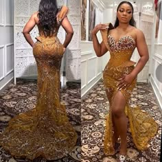 Get this Haute Couture beaded gold evening gown made in any size or with any #design changes you need. We specialize in making #custom #formal #dresses as well as #hautecouture #weddinggowns. You can email us your #favorite #dress #designs for pricing. Our version will look the same but cost less than anyone else in the #USA. Veekee James, Gold Evening Gown, Nigerian Wedding Dress, Aso Ebi Lace Styles, Nigerian Dress, Nigerian Lace Styles Dress, Casual Attire For Women, African Prom Dresses, Prom Girl Dresses