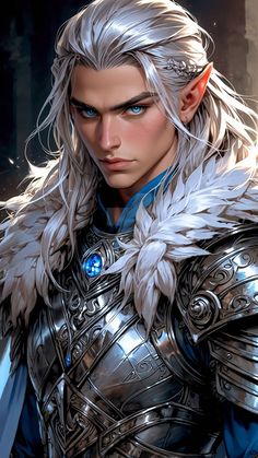 a man with white hair and blue eyes wearing armor