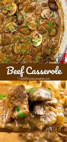 beef casserole with mushrooms and parsley in a white bowl on a red checkered tablecloth