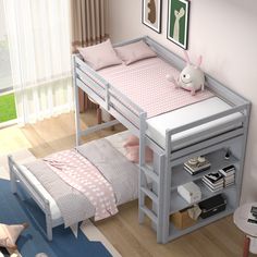 a child's bedroom with bunk bed and desk