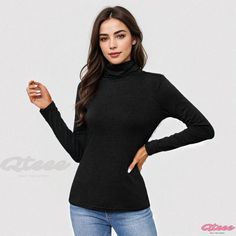 Qteee - Solid Color High Neck Long Sleeve Knit Slim Fit Top Fitted Turtleneck, Slim Fit Top, High Neck Long Sleeve, Knit Long Sleeve, Long Sleeve Knit Tops, Long Sleeve Knit, High Collar, Types Of Collars, Workout Tops