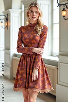 Olivia Mark - Elegant Rust Floral Skater Dress with Lace Hemline Thanksgiving Gathering, Trendy Christmas Outfits, Ethereal Aesthetic, Floral Skater Dress, Floral Fit, Exclusive Dress, Lace Hem, Pretty Dress, Scalloped Lace