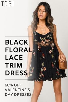 Save money on this black floral lace trim dress from TOBI. Explore the best lace dresses for Valentine's Day, sexy women's fashion dresses, and romantic Valentine's Day outfits. Look stunning for your sweetheart on date night or a fun night out with friends. Shop TOBI sales now! #shoptobi #tobisales #valentinesdaydress #valentinesdayoutfit #lacedress #floraldress Casual Black Dress With Lace Patchwork, Black Lace Mini Dress With Lace Trim, Black Lace Patchwork Dress For Spring, Black Mini Dress With Contrast Lace, Sleeveless Black Mini Dress With Contrast Lace, Black Mini Dress With Contrast Lace For Spring, Black Sleeveless Mini Dress With Contrast Lace, Spring Black Mini Dress With Contrast Lace, Black Lace Trim Dresses For Spring