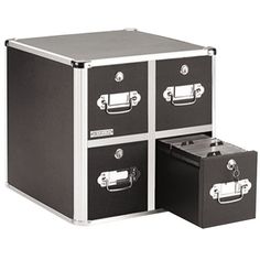 four black and white storage boxes with handles on each side, one is open and the other two are closed