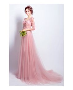 Romantic A-line V-neck Sweep Train Tulle Wedding Dress With Flowers Ball Gowns Pink, Pink Tulle Evening Dress, Pink Ball Gowns, Vintage Style Prom Dresses, Wedding Dress With Flowers, Long Sleeve Elegant Dresses, Wedding Dress Pink, Pink And Gold Dress, Wedding Victorian