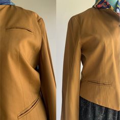 👉How do I measure the blazer❓ I measure my garment in centimeters and inches when the FRONT of the garment faces up and LAYS FLAT  -Shoulder to shoulder: shoulder seam to shoulder seam -Bust: underarm seam to underarm seam, doubled -Sleeve: shoulder seam to cuff -Waist: the smallest part of the waist (close to the natural waist), doubled -Length: the seam at the base of the BACK collar to hemline 📏ACTUAL MEASUREMENT OF THE BLAZER Shoulder to shoulder: 40cm/15.7'' Bust: 94cm/37''  Waist: 84cm/33.1'' Sleeve:  56.7cm/22.3''     Length: 49cm/19.3'' 🚦KEEP IN MIND -Please read the evaluation report of this vintage garment before making the order (see the last photo -The scarf and skirt are for showing our styling idea -Please check our product listing on "80s Gold Metallic Lace Skirt in Black Fitted Single Breasted Cropped Jacket For Tailoring, Fitted Long Sleeve Cropped Jacket For Semi-formal, Fitted Long Sleeve Cropped Jacket For Semi-formal Occasions, Fitted Cropped Business Jacket With Pockets, Fitted Long Sleeve Cropped Jacket For Office, Fitted Brown Cropped Jacket For Work, Fitted Vintage Cropped Jacket For Work, Vintage Long Sleeve Cropped Jacket For Work, Retro Single-breasted Blazer With Suit Collar