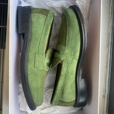 *Still Available* Size Is Mens Us 7 - This Model Runs Big So It Fits Like A Us 8. These Are The Early Version Of This Loafer With Full Leather Sole, Unlike The Recent Versions That Have Rubber Soles. Worn Only Once, No Major Flaws Though. Comes With Box And Dust Bag. Green Slip-on Loafers With Stitched Sole, Green Tassel Loafers With Leather Sole, Green Leather Business Moccasins, Green Slip-on Moccasins For Business, Green Tassel Slip-on Loafers With Leather Sole, Green Leather Moc Toe Loafers, Classic Green Moccasins For Formal Occasions, Classic Green Tassel Loafers For Formal Occasions, Green Dress Shoes With Rubber Sole For Office