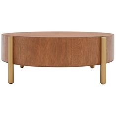 an oval coffee table with gold legs and a wooden top, viewed from the front