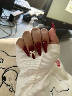 Elegant Nails Red Wine, Wine Red Valentine Nails, Cherry Wine Nails Acrylic, Red Nails Bow Design, Marron Red Nails Acrylic, Maroon Nails For Prom, Cherry Wine Nails Design, Almond Nails Valentines Day Red, Maroon Nails Aesthetic