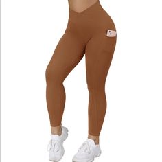 Women Cross Waist Wrap Leggings With Pockets High Waisted Workout Gym Yoga Pants Brown High Waist Activewear For Workout, Sporty Brown Yoga Pants For Sports, Sporty Brown Pants For Gym, Stretch Workout Pants In Brown, Sporty Brown Yoga Pants For Gym, Brown Compression Leggings For Workout, Brown Stretch Yoga Pants For Sports, High Stretch Brown Tights For Workout, Fitted Brown Athleisure Tights