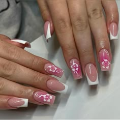 Pink nail ideas for summer🌸 Floral fantasy Pink Acrylic Nails Designs Flower, Floral Nail Designs Simple Pink, Pink Floral Nail Designs, Light Pink Nails With Flower Design, Dark Pink Nails With Flowers, Pink Acrylic Nails Coffin Flower, Simple Flower Nail Designs, Pink Shellac Nails