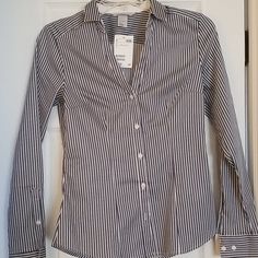 Nwt Navy Oil Stripe Button Down Blouse Stretchy .Material Classic Button-up Tops By H&m, Classic Button-up Tops From H&m, Classic Button-up H&m Tops, Classic H&m Button-up Tops, H&m Button-up Blouse With Button Closure, Formal Striped Tops With Button Closure, Classic Button-up Blouse By H&m, H&m Long Sleeve Blouse With Buttons, H&m Classic Long Sleeve Blouse