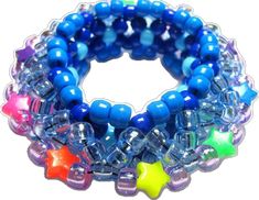 Blue Star-shaped Jewelry With Colorful Beads, Blue Handmade Star-shaped Beaded Bracelets, Blue Bracelets With Star Charm And Round Beads, Blue Beaded Bracelets With Star Charm, Handmade Blue Star-shaped Bracelet, Handmade Blue Star Bracelet, Blue Beaded Star-shaped Bracelets, 3d Kandi Cuff, 3d Kandi