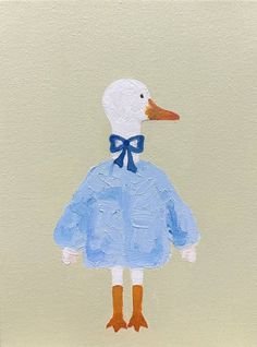 a painting of a duck wearing a blue dress