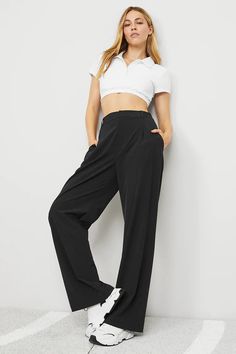 High-Waist Pursuit Trouser - Black | Alo Yoga Alo Yoga Relaxed Fit Wide Leg Bottoms, Fitted Pants With Wide Waistband For Work, Fitted Workwear Pants With Wide Waistband, Casual Alo Yoga Pants For Work, Chic Bottoms With Wide Waistband For Work, Chic Workwear Bottoms With Wide Waistband, Alo Yoga Wide Leg Pants With Elastic Waistband, Alo Yoga Full Length Pants In Solid Color, Chic Solid Bottoms With Minimal Stretch