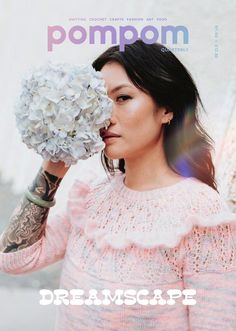 the cover of pompom magazine features a woman holding a bouquet of white flowers