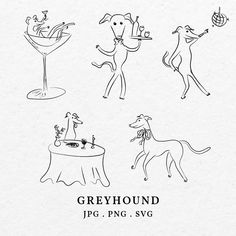 greyhounds are depicted in this black and white drawing by j png, svg