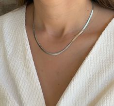 Elevate your style with our Thick Silver Snake Stainless Steel Herringbone Chain Necklace for Women. This exquisite piece combines bold design with a touch of sophistication, making it a perfect accessory for any occasion. The thick snake chain adds a modern twist to the classic herringbone pattern, creating a unique and eye-catching look. Enjoy free shipping to the US when you spend $35+ Steel Chain Necklace, Chandi Chain Design Women, Basic Chain Necklace, Chain Designs Silver Women, Silver Snake Chain Necklace, Snake Chain Necklace Silver, Silver Necklace Women, Silver Chain For Women Unique, Silver Chain Designs For Women