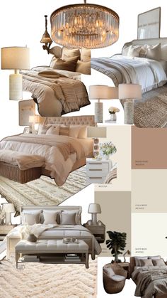 a collage of photos showing different types of bedding and furniture in neutral tones