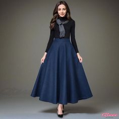 Qteee - Square Dance Skirt - Maxi Length Half Skirt with Flared Hem Clothes Design Ideas, Rp Outfits, Ideas For Ocs, Wool Midi Skirt, Navy Blue Skirt, Tulle Midi Skirt, Square Dance, Fashion Outfits Casual, Winter Fashion Outfits Casual