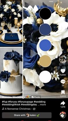 the wedding cake is decorated with blue and white flowers, gold accents, and black ribbon