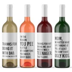 Elevate your gift-giving with a twist of humor using our witty wine bottle labels, perfect for Mother's Day. These waterproof stickers are designed to stick on your chosen wine bottles, transforming them into hilarious gifts that promise to make mom laugh. Whether she's sipping chardonnay or cabernet, these labels are sure to be the toast of the celebration for a mom with a sparkling sense of humor. INCLUDES * Thanks for doing it with Dad. Way to take one for the team. * I'm the reason you pee a little bit every time you sneeze. Sorry dude. * Thanks for not giving me away when I was a teenager. * Mom, no matter what life throws at you, at least you don't have ugly kids. Ritzy Rose labels were created to help people connect and gift in ways that really say what they're thinking and how they Teachers Wine, Funny Wine Bottle Labels, Tumbler Wrap Ideas, Teacher Presents, You Are Appreciated, Wine Bottle Stickers, Wine Bottle Ideas, Appreciation Gifts Diy, Teacher Appreciation Gifts Diy