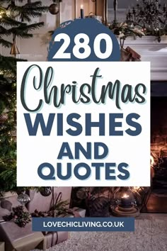 christmas wishes and quotes with presents under the tree in front of a fireplace, surrounded by stockings