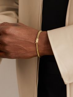 Revived from VARON's family archives, this gold-plated 'Malo' bracelet was first released in the 1960s. The clasp is finished with a security latch. Business Casual Jewelry Men, Mens Jewelry Necklace Chains Gold, Simple Gold Bracelet For Men, Men's Gold Bracelets, Men’s Bracelet Aesthetic, Mens Gold Accessories, Id Bracelet Mens, Mens Outfits Accessories, Gold Chain Bracelet Men