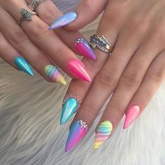 Unicorn nails and unicorn nail designs to try Nails And Rings, Stiletto Nail Art, Nails Yellow, Stiletto Nails Designs, Colorful Nails