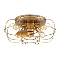 a ceiling light with three glass shades and an iron caged design on the bottom